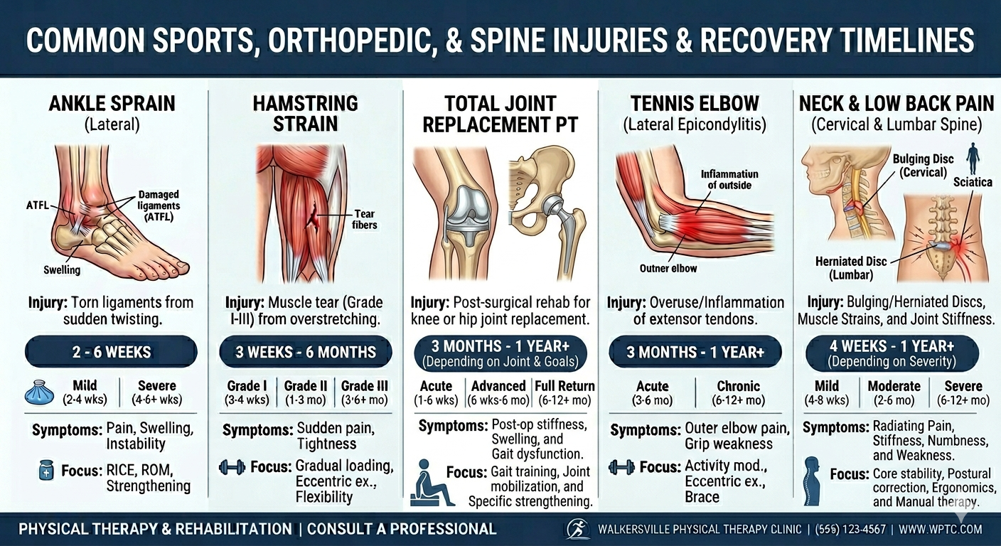 Common sports, orthopedic, and spine injuries and recovery timelines infographic
